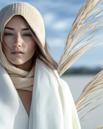 A model stands gracefully with a soft gaze wearing a warm scarf and shawl. The tranquil water and gentle clouds create a calm atmosphere highlighting her natural beauty.の素材