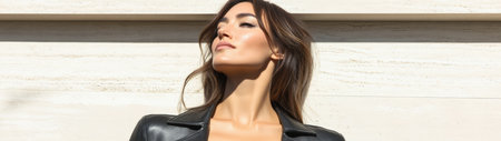 A model stands confidently in front of a sleek stone wall showcasing a stylish outfit. Sunlight highlights her features as she looks upwards exuding elegance in a vibrant urban setting.の素材