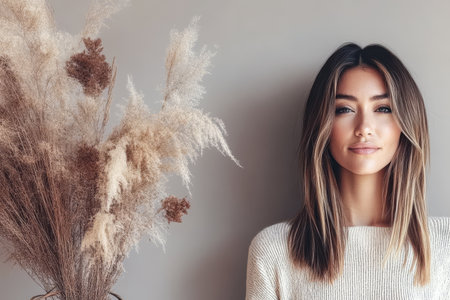 A young woman stands confidently smiling subtly next to an elegant arrangement of dried flowers. The setting features soft neutral colors that create a calming atmosphere.の素材