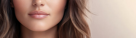 A woman with long flowing hair showcases her natural beauty. Soft lighting highlights her smooth complexion focusing on her lips and chin. The serene background enhances the overall calm atmosphere.の素材