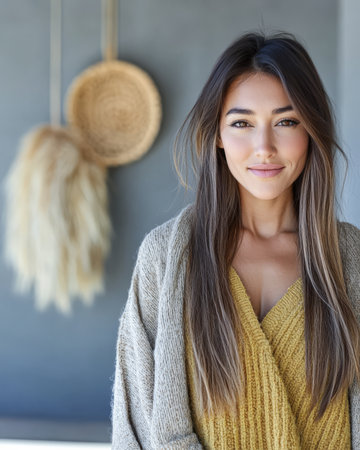 A woman with long straight hair stands in a warm inviting space. She is wearing a yellow sweater and a soft outer garment showcasing her friendly smile with unique decor in the background.の素材