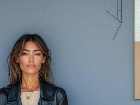 A woman stands confidently in front of a smooth modern wall. Her casual outfit and natural makeup highlight her features in this urban environment embodying contemporary style.の素材