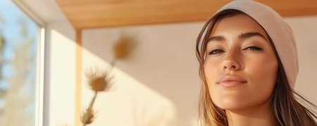 A young woman wearing a light beanie smiles softly while sitting indoors. Sunlight filters through large windows creating a warm inviting atmosphere. The natural decor enhances the relaxed ambiance.の素材