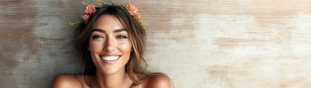 A joyful woman with long hair adorned with flowers smiles brightly. She is positioned in front of a beige textured wall illuminated by soft natural lighting that enhances her cheerful expression.の素材