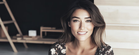 A young woman with long hair and a bright smile sits confidently in a modern interior space. The setting features wooden furniture and a serene atmosphere highlighting her joyful expression.の素材