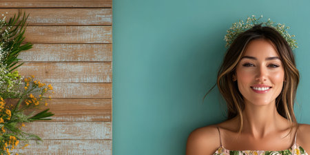 A young woman poses with a radiant smile adorned with a floral crown standing against a turquoise wall. Natural light enhances her joyful expression creating a cheerful atmosphere.の素材