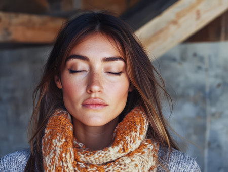 A young woman stands serenely with her eyes closed wearing a warm scarf. Wooden beams and a stone wall provide a cozy backdrop creating a peaceful winter atmosphere.の素材