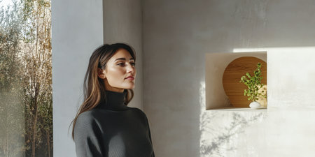 A woman wears a cozy gray sweater standing in a stylish room illuminated by soft natural light. The minimalistic decor includes a wooden display with plants creating a serene atmosphere.の素材