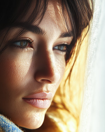 A young woman with long dark hair gazes pensively out a window. Soft sunlight highlights her features as she appears lost in thought wrapped in a cozy blanket creating an intimate atmosphere.の素材