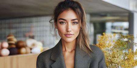This young woman with long hair styled casually presents a confident expression as she stands in an aesthetically pleasing indoor space decorated with plants and textured items.の素材