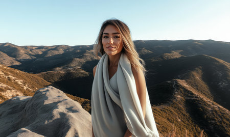 A woman dressed in a flowing light scarf poses confidently on a rocky ridge.の素材
