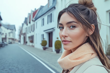 A young woman stands on a cobblestone street in a picturesque village wearing a light scarf and looking thoughtfully into the distance. Quaint houses line the street creating a cozy atmosphere.の素材