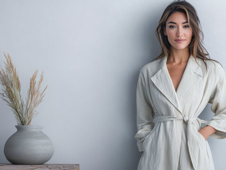 A woman dressed in a light-colored outfit stands confidently near a simple vase featuring dried plants. The indoor setting is bright emphasizing a modern and clean aesthetic.の素材