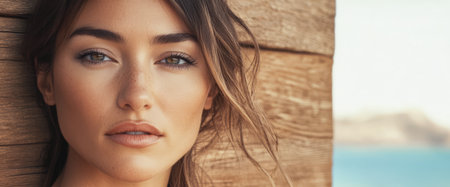 A woman with long brunette hair rests against a wooden surface gazing at the camera with soft natural makeup. Bright light creates a serene atmosphere highlighting her features.の素材