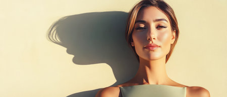 A model stands poised against a soft-colored wall her profile illuminated by golden hour light casting a gentle shadow. She embodies elegance with a serene expression.の素材