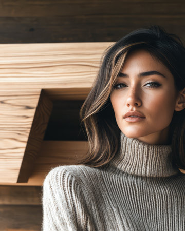 A woman wearing a soft knitted sweater stands elegantly in front of a wooden structure. Her expression is calm and confident creating a warm atmosphere. Natural light highlights her features.の素材