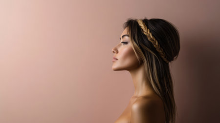 A woman poses gracefully showcasing her profile and braided hairstyle. The soft pink background enhances her features creating a serene and artistic atmosphere perfect for beauty photography.の素材