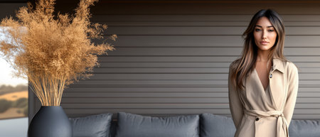 A woman with long hair stands gracefully next to a vase of dried flowers in a minimalist setting. The modern decor highlights her elegant outfit while natural light illuminates the space.の素材