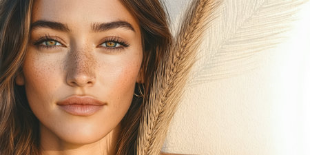A woman with striking green eyes and natural makeup poses in a close-up portrait. Her skin features freckles and she is styled with soft waves in her hair.の素材