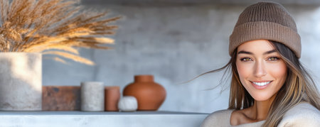 A young woman smiles warmly while wearing a knit hat in a modern indoor space. She is surrounded by decorative elements like vases and pottery creating a relaxed atmosphere.の素材