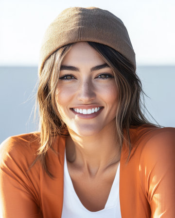 A woman sits outdoors by the ocean wearing a brown beanie and an orange sweater. She smiles brightly radiating joy in sunny weather. The backdrop features blue skies and calm waters.の素材