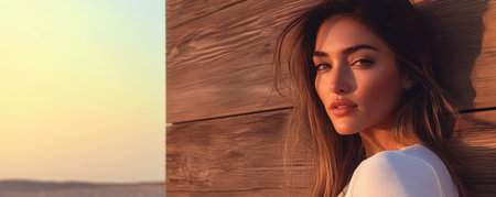 A young woman with long hair stands beside a rustic wooden wall during sunset. The warm light illuminates her features creating a peaceful and captivating atmosphere.の素材