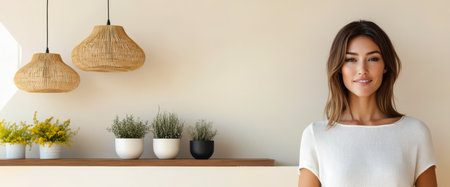 A young woman smiles while standing against a stylish wall featuring hanging woven lights and potted plants on the shelf. The space emphasizes modern natural aesthetics.の素材