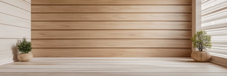 A minimalistic interior showcases a wooden wall with horizontal slats and light-colored flooring.の素材