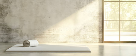 A rolled yoga mat rests on a light-colored floor in a minimalist room. Natural light streams through large windows creating a calm and inviting atmosphere for morning practice.の素材