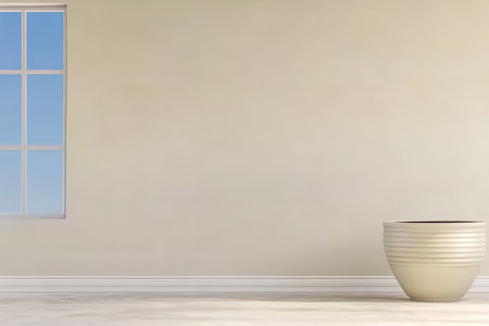 A spacious interior showcases a large decorative pot positioned beside a wide window. The calm atmosphere features soft natural light pouring in enhancing the rooms simplicity.の素材