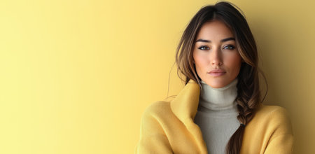 A woman stands confidently in front of a vibrant yellow wall. She wears a cozy sweater and has her hair styled in a braid showcasing her thoughtful expression and relaxed demeanor.の素材