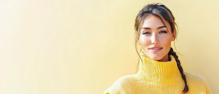 A young woman with long hair smiles while wearing a cozy yellow sweater. The bright yellow wall creates a cheerful backdrop for her relaxed pose. Sunlight enhances the warmth of the scene.の素材