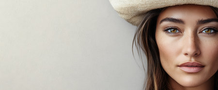 A woman with long hair and striking eyes is wearing a straw hat while gazing directly at the viewer. Her natural beauty stands out against the plain light-colored background.の素材