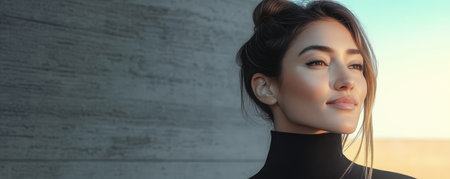 A woman with long hair is standing and looking into the distance against a simple gray wall. The sunlight highlights her features creating a serene atmosphere during sunset.の素材
