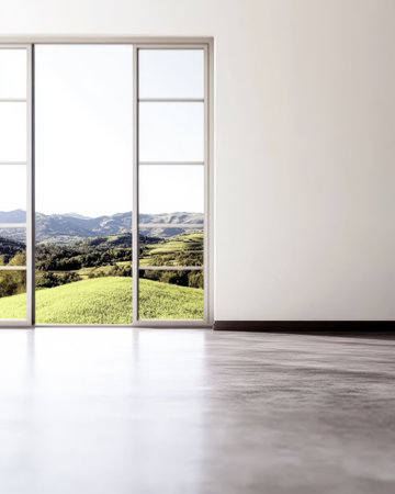 Bright room with minimal decor showcases stunning green hills and valleys through wide glass windows. Natural light floods the space creating a feeling of tranquility and openness.の素材