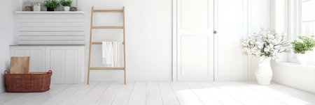 A bright minimalistic room features a wooden ladder against the wall decorative plants and a cozy atmosphere. White walls and wooden flooring enhance the serene space.の素材