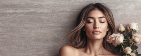 A woman with long flowing hair enjoys a moment of tranquility while holding pink roses. She stands before a smooth neutral-colored surface showcasing her natural beauty.の素材