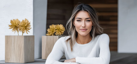 A woman sits casually at a wooden table confidently looking at the camera. She is surrounded by two planter boxes with vibrant yellow flowers set against a modern outdoor backdrop.の素材
