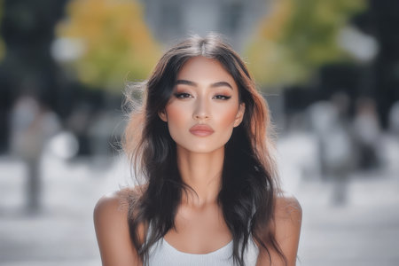 A young model with long dark hair poses confidently in an urban environment. The warm sunlight highlights her features while the blurred city backdrop adds a touch of depth to the relaxed atmosphere.の素材