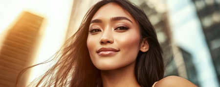 A woman stands with a slight smile her hair flowing in the breeze with tall buildings in the background. The warm light of sunset highlights her features creating an inviting atmosphere.の素材