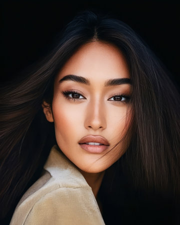 Model showcases striking features with flowing dark hair and natural makeup in a studio. The focus highlights her expression and elegance creating an impactful visual presentation.の素材