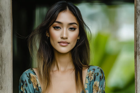 A woman stands confidently in front of a natural backdrop showcasing her long hair and floral attire. The calm atmosphere highlights her serene expression evoking a sense of tranquility.の素材