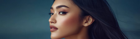 A woman poses elegantly showcasing her profile as her dark hair gently cascades around her face. The soft blue backdrop enhances her features creating a calm ambiance.の素材