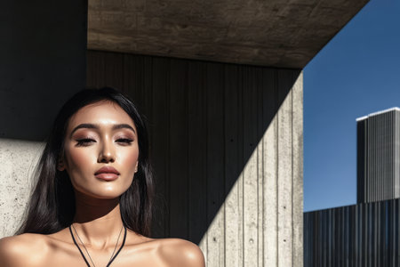 A woman stands confidently in a contemporary architectural environment showcasing her striking features. Bright sunlight casts dramatic shadows enhancing the visual appeal of the scene.の素材