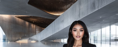 A young woman stands confidently in a contemporary architectural space with smooth concrete walls and a striking ceiling design. The area is well-lit showcasing the modern aesthetic.の素材