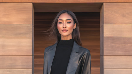 A woman stands gracefully in a sleek outfit against a backdrop of contemporary wooden architecture. Her confident expression and elegant posture capture attention in the vibrant setting.の素材