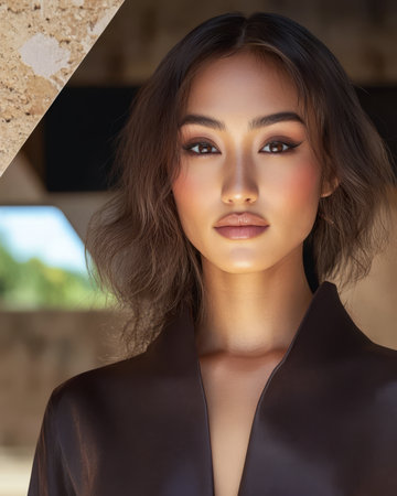 A confident model showcases a stylish outfit with a natural background. The lighting enhances her features creating a striking visual contrast that captures attention.の素材