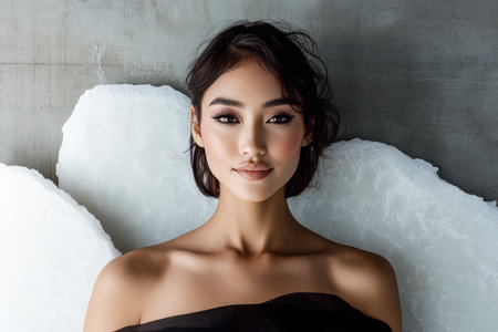 A confident model showcases her striking features and unique style while posing against a minimalist textured wall paired with large ice-like props. The lighting highlights her elegant look.の素材