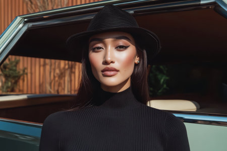 A woman with long hair wears a black sweater and hat while standing confidently beside a vintage car. The warm sunlight highlights her features creating a stylish and relaxed atmosphere.の素材