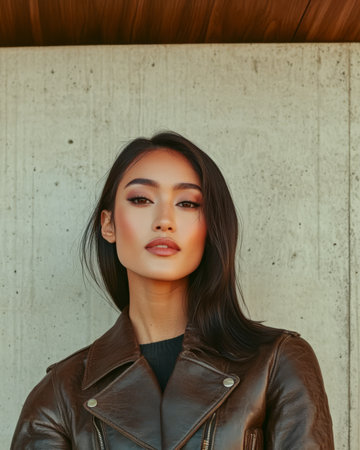A confident woman stands against a concrete wall showcasing her long dark hair and natural makeup.の素材